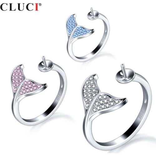 CLUCI Silver 925 Cute Zircon Rings for Women Adjustable Pearl Ring Mounting 925 Sterling Silver Whale Tail Shaped Ring SR2233SB