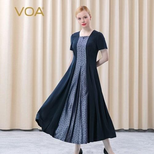 VOA Heavyweight 30m/m Silk Plateau Navy Square Collar with Contrast Stitching Personalized and Simple Slim Woman Dress AE697