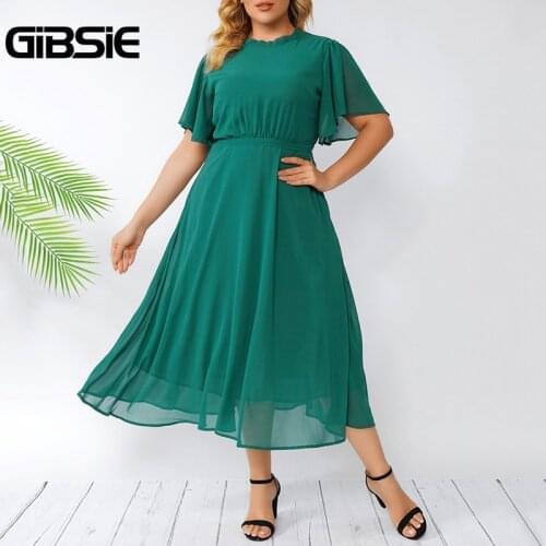 GIBSIE Solid Tie Back Chiffon Dress Plus Size Butterfly Sleeve Belted High Waist Dresses Women Vacation Beach Summer Long Dress