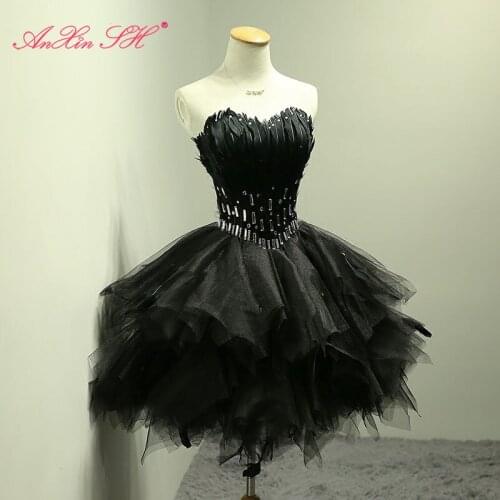 AnXin SH princess black feather sisters birthday fluffy beading crystal white evening dress ruffles strapless little black dress