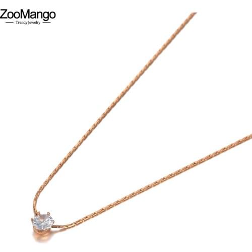 ZooMango Simple Design Rose Gold CZ Crystal Charm Pendant Necklaces For Women Girl Trendy Titanium Steel Office Necklace ZN20173