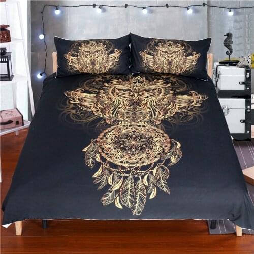 Free shipping 3d gold stamping home textile dream catcher duvet cover&pillow cases 3pcs owl bedding twin full queen king size