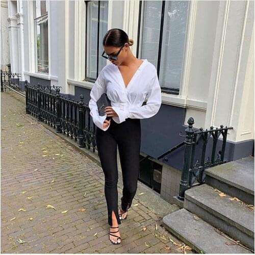 Office Lady Skinny Fit Stretchy Flare Pants Slits High Waist Push Up Buttom Ankle Length Trousers