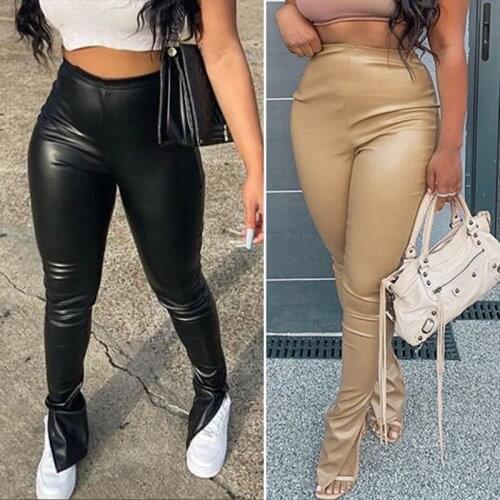 Womens Sexy PU Leather Side Slit Stacking Faux Leather Slim Slimming Breathable Stretch Pants