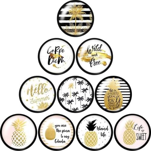 Fahsion images pineapple flowers leaves 10pcs mixed 12mm/16mm/18mm/25mm Round photo glass cabochon flat back Making findings