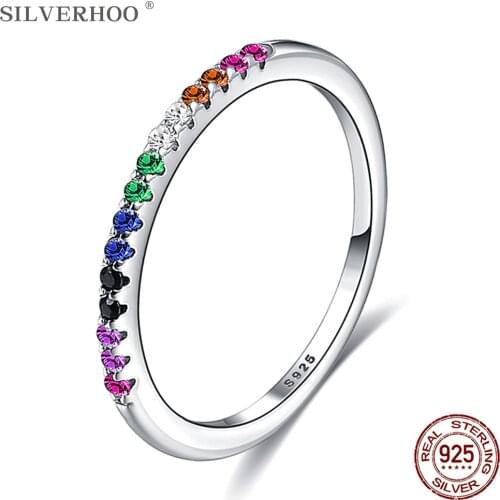 SILVERHOO Sterling Silver Rainbow Color Finger Rings For Women Stackable Full Round Zircon Wedding Gift Hot 925 Jewelry On Sale