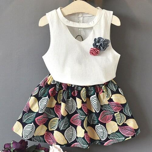 Girls Sets 2020 Summer New Childrens Wear Girls' Pure Color Corsage T-Shirt + Cotton Short Skirt Set