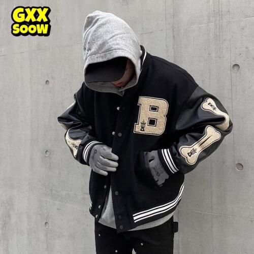 Hip Hop Furry Bone Patchwork College Jackets Mens Harajuku Casual Bomber Varsity Jacket Women Baseball Coats Unisex WQ573