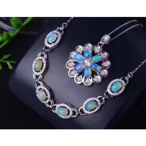 Natural Multicolor opal party jewelry sets natural gemstone Bracelet Pendant S925 silver Fashion elegant Round sunflowers Women