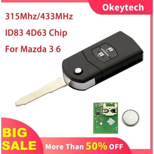 OkeyTech 315Mhz/433MHz Flip Car Remote Key For Mazda 3 6 MX3 MX5 MX-5 MX6 RX8 2 Buttons ID83 4D63 Transponder Chip Folding Key