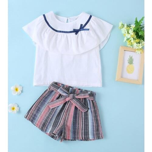 Kid Baby Girls Shirt Clothes Sets Summer Ruffle Tops Bandage Shorts 2pcs Outfits Fashion Clothing 3-7 Years