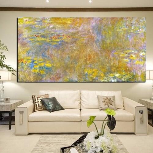 Big Size Gold Wall Art Lotus Claude Monet Impressionist Oil Painting on Canvas Posters and Prints Wall Picture for Living Room