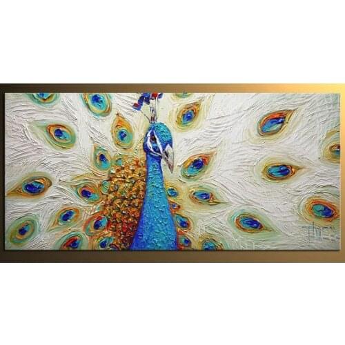 Hand Painted Oil Painting white Peacock Modern Animal Art Painting Textured Palette Knife Oil on Canvas