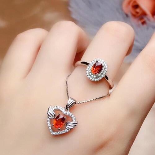 The Best Wedding Gift Natural real red garnet luxury style jewelry set 1pc ring 1pc Pandant 925 sterling silver