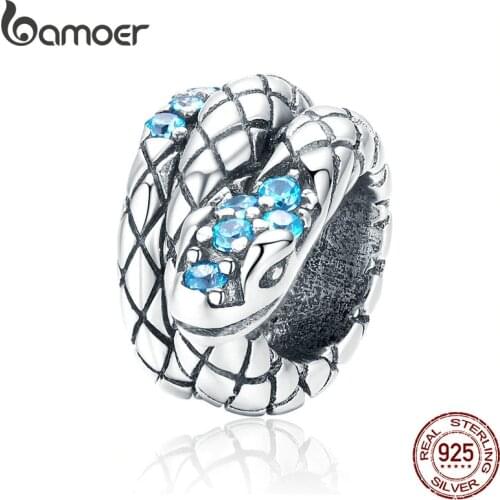 Bamoer Genuine 925 Sterling Silver Jewelry Snake Charm for 3mm Snake Bracelet Retro Style Metal Bead Fine Jewelry SCC1351