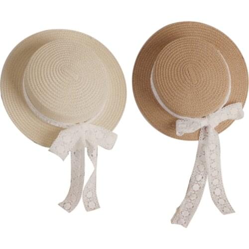 Toddler Kids Baby Summer Woven Straw Sun Hat with Lace Ribbon Bowknot Floppy Wide Brim Sunscreen Protection Beach Cap with Chin