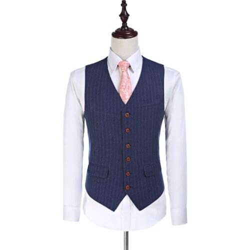 TPSAADE High Quality Navy Blue Pinstripe Groomsman Slim Fit Waistcoat In Wool Wedding Vest 5 Buttons Worsted Wool Suits 2020