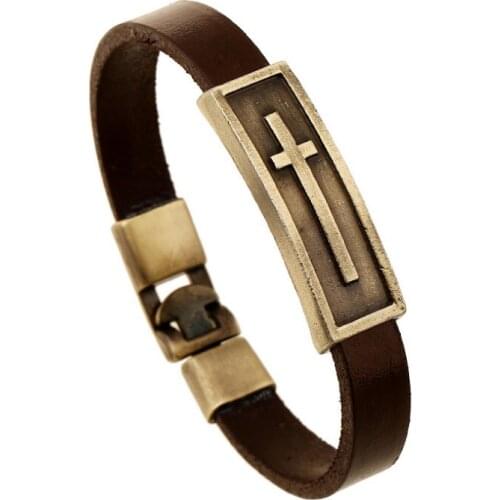 Vintage Fashion Cross Wristband Bracelet Cuff for Women Men Genuine Leather Alloy Charm Wish Wrap Bangle Retro Punk Jewelry Gift