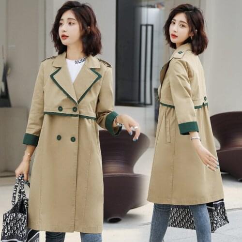 2021 New Spring Autumn Lapel Nine Points Sleeve Khaki Hit Color Loose Double Breasted Windbreaker Women Fashion Tide aq1114