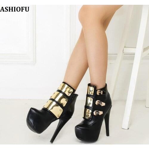 ASHIOFU Handmade New Women Stiletto Ankle Boots Metal Buckle Bling Party Prom Boots Sexy Platform Fashion Evening Short Boots