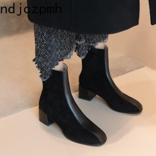 Womens Boots The New Winter fashion Square head zipper mid heel Ankle boots Womens shoes plus size 31-43 Heel Height 5cm black
