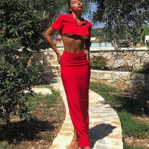 JULISSA MO Fashion Crop Tops Maxi Skirt Two Piece Set Women Single Breasted Top High Split Skirt Suit Office Lady Casual Outfits