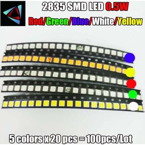 100pcs 2835 0.5W SMD LED 5 Colors x 20Pcs Diodes Light Emitting RED / Yellow / Green / White / Blue