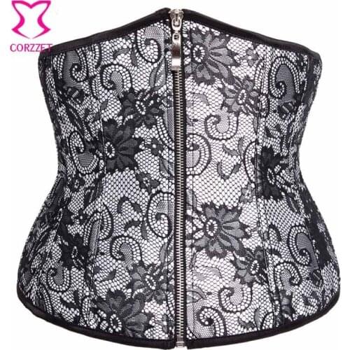 White Satin Floral Pattern Sexy Corsetti E Bustier Underbust Corset Zipper Front Tight Lacing Corsets Waist Cinchers For Women