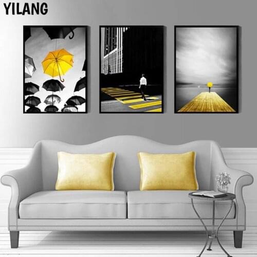 Black And Whitet Scenery Poster Nordic Canvas Painting Home Yellow Style Decor Picture Wall Art Poster And Print For Living Room