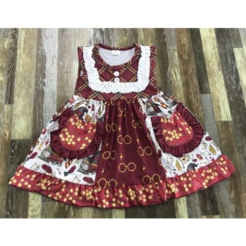 Summer Kids clothing Baby girl delicate red Christmas lace pocket magic academy lace sleeveless dress