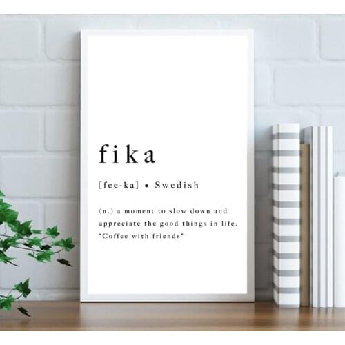 Fika Swedish Quote Art Poster Sweden Modern Simple Wall Art Canvas Painting Letter Black and White Pictures Home Cafe Decor
