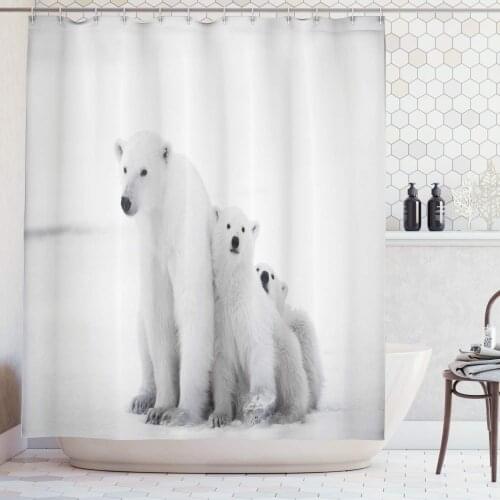 Sea Animals Decor Collection Polar Bear Family with Two Small Bear Cubs Around Snow Cold Winter North Curtain