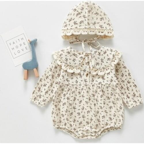 2021 New Autumn Baby Girls Bodysuit Long Sleeveles Floral Ruffles Lace Peter Pan Collar Jumpsuit with Cap Newborn Clothes E1104