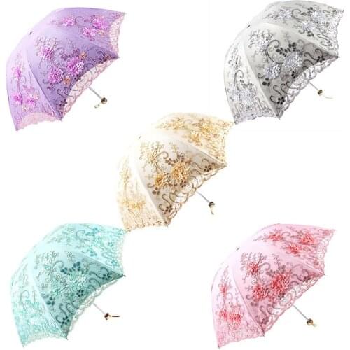 Lace UV Sun Parasol Folding 3D Flower Embroidery Umbrella Outdoor Parasol Summer Wedding Flower Umbrella