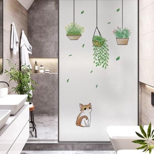 Frosted Window Film Cartoon Cat plant Privacy Glass Sticker Home Kitchen Bathroom Cute Cat Toilet Door Opaque Sticker Decor Film