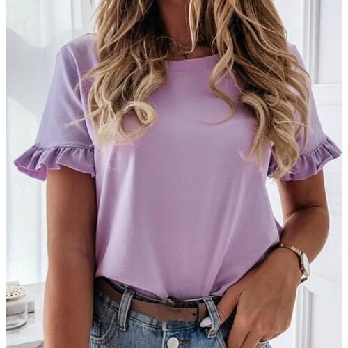 Cute Ruffled Hem Loose Casual T-shirt Top Tee Women Tshirt Solid Color Round Neck Short Sleeve Women Clothing