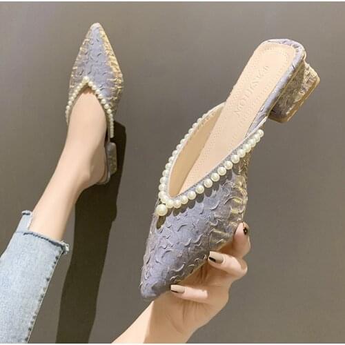 2021 Brand Designer Women Slippers Slip on Mules High Heel Casual Shoes Woman Pearl Slides Pointed Thick Heels Summer Footwear