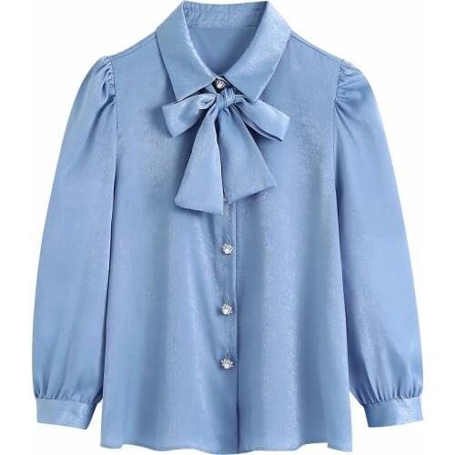 Za Women New Spring Autumn Blouses Elegant Long Sleeve Sweet Shirt Ladies Solid Color Tops Bow Tie Shirt