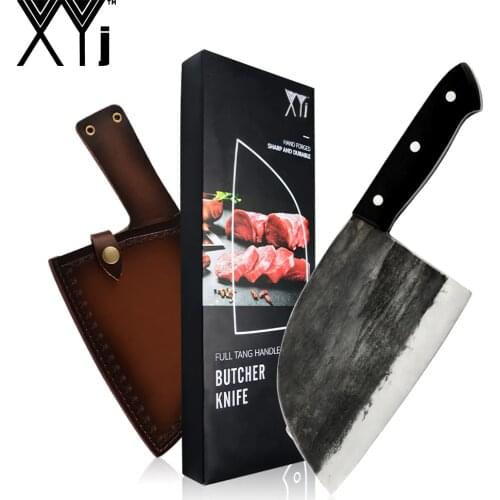 XYj Cleaver Butcher Knife Hand Forging High Carbon Chef Knife Easy To Cutting Slicing Chopping Non-Slip Handle Leather Sheath