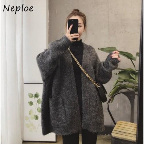 Neploe Autumn Winter V-neck Oversized Knitted Sweaters Coat 2021 Korean Style Loose Women Cardigan Female Chic Thick Jacket