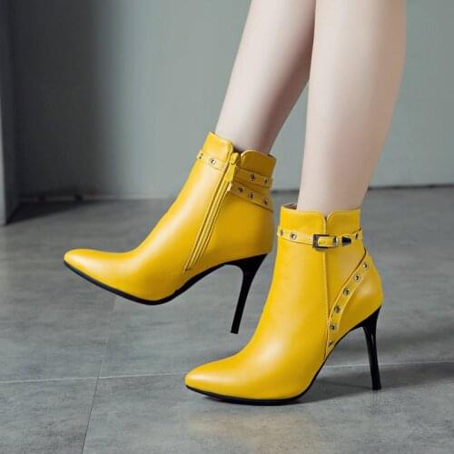 Autumn Winter Ladies New Fashion Short Boots Sexy Stiletto High-Heeled Buckle Street Boots Pointed Toe Side Zipper Womens Shoes