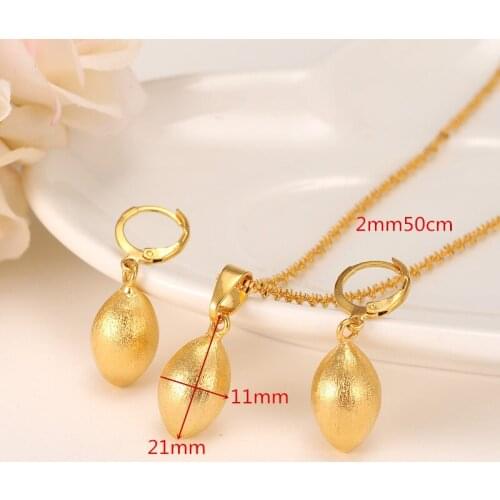Oval Bead Necklace Pendant Earrings Jewelry Set Party Gift 14 k Yellow Fine Gold GF Africa ball Women Fashion