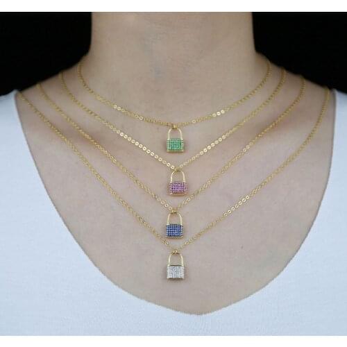 Micro pave colorful cz white red blue green cubic zirconia lock pendant gold color necklace