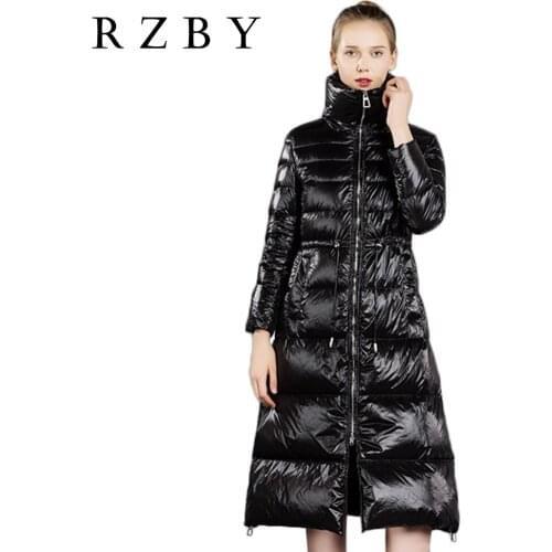 RZBY Female Winter Casual Warm High Necked Loose Ultra Light Solid Color Long White Duck Down Coat Jacket