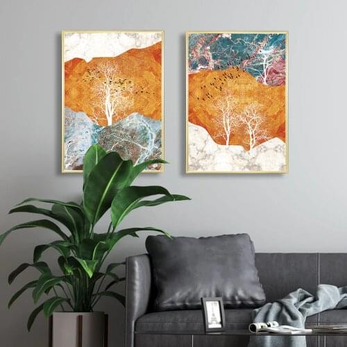 Tree Watercolor Poster Golden Mountain Abstract Canvas Painting Wall Art Pictures For Living Roome Modern Home Decorative Print