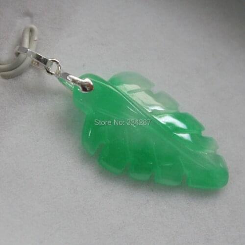 Guaranteed Silver color Clasps Green Jades Irregular leaf-Carving Pendant + gift box