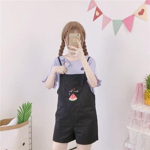 Casual Womens High Waist Overalls Shorts Cute Watermelon Embroidered Shorts Female Summer Japanese Soft Sweet Shorts Girls