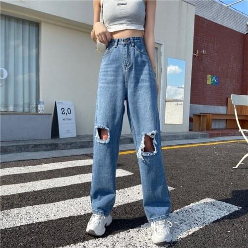 Women Chic Fashion Ripped Hole Wide Leg Jeans Vintage High Waist Zipper Fly Denim Pants Female Trousers Mujer Jeans for Women