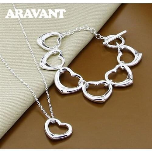 925 Silver Jewelry Set Love Heart Charm Bracelets Necklaces Chains For Women Silver Jewelry