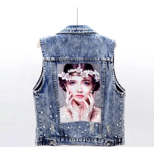 Spring Fashion Beading flowers Short Denim Vest Women Waistcoat Patch Print Sleeveless Jacket Frayed Jeans Vest Female JC214